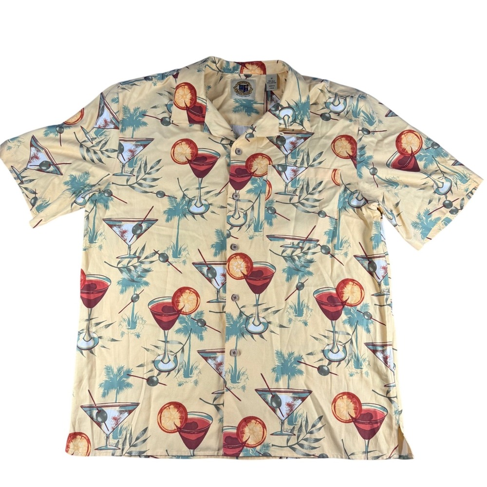 Pusser's West Indies Camp Shirt Martini Cocktail Print Yellow Medium Silk Cotton